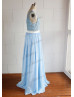 Mint Blue Lace Chiffon Long Prom Dress
